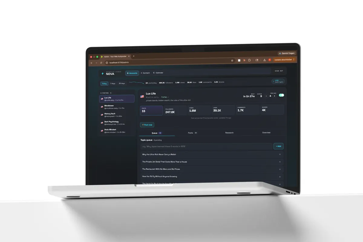 Analytics-Dashboard zur Steuerung der Auto-Poster-Accounts